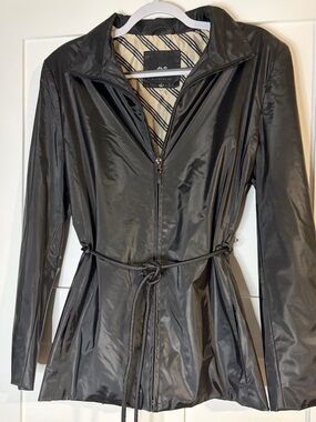 JLC New York Women Black Lightweight‎ Belted Windbreaker Jacket Striped Lining L